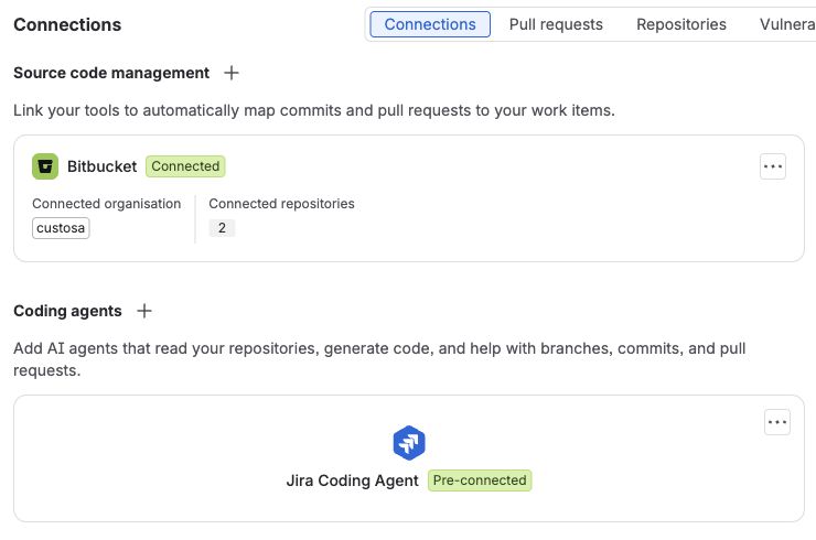 The Jira space's Development page with Bitbucket connected and the Jira Coding Agent pre-connected