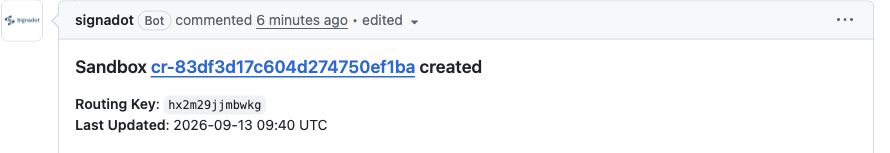 Signadot's comment on a pull request, showing the sandbox name, routing key, and last update time
