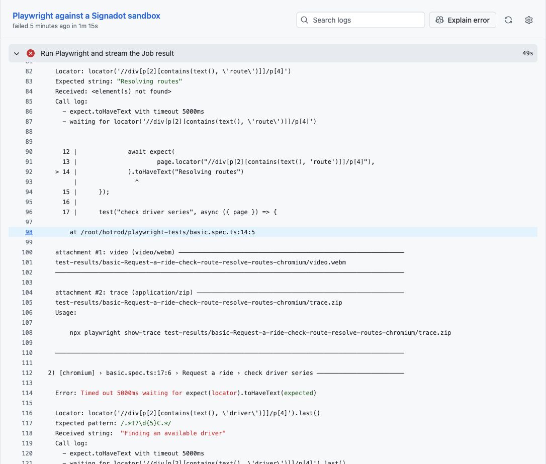 Failed GitHub check with streamed Playwright output showing the missing route status and the unfinished driver assignment