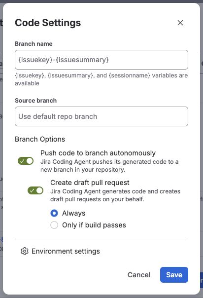 Code Settings with autonomous push and draft pull requests turned on
