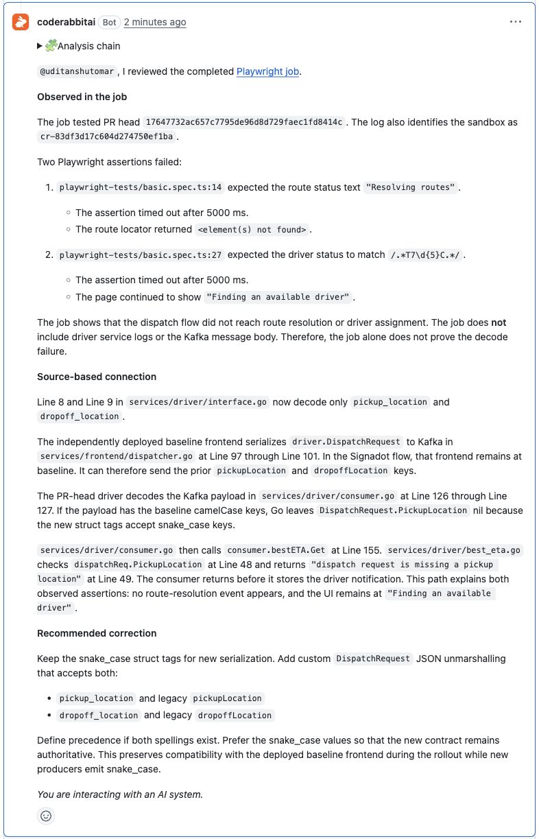 CodeRabbit's reply in the review thread, linking the completed check and both failed tests to the driver's JSON tags
