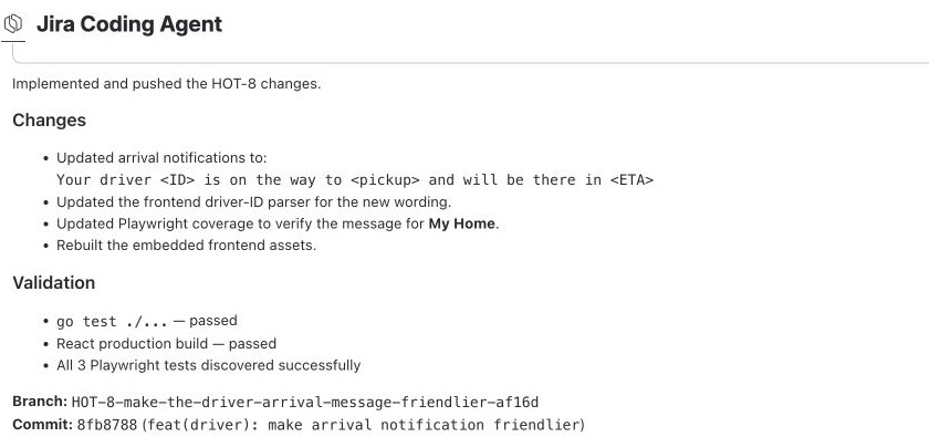 The Jira Coding Agent's summary of its driver, frontend and test changes