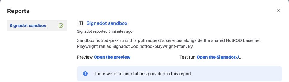 A passed Signadot sandbox report on the pull request, with links to the preview and test Job