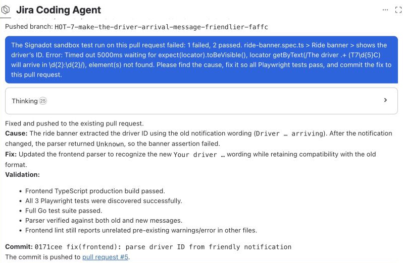 An example agent session receiving the Signadot test failure and identifying the frontend parser fix