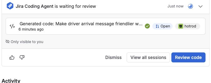 The Jira work item's expanded agent card with a passing build and Review code button