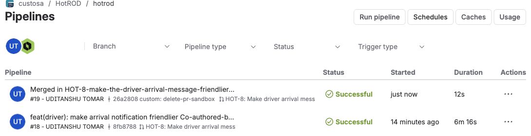 Bitbucket Pipelines showing a passing PR run followed by successful sandbox cleanup on merge