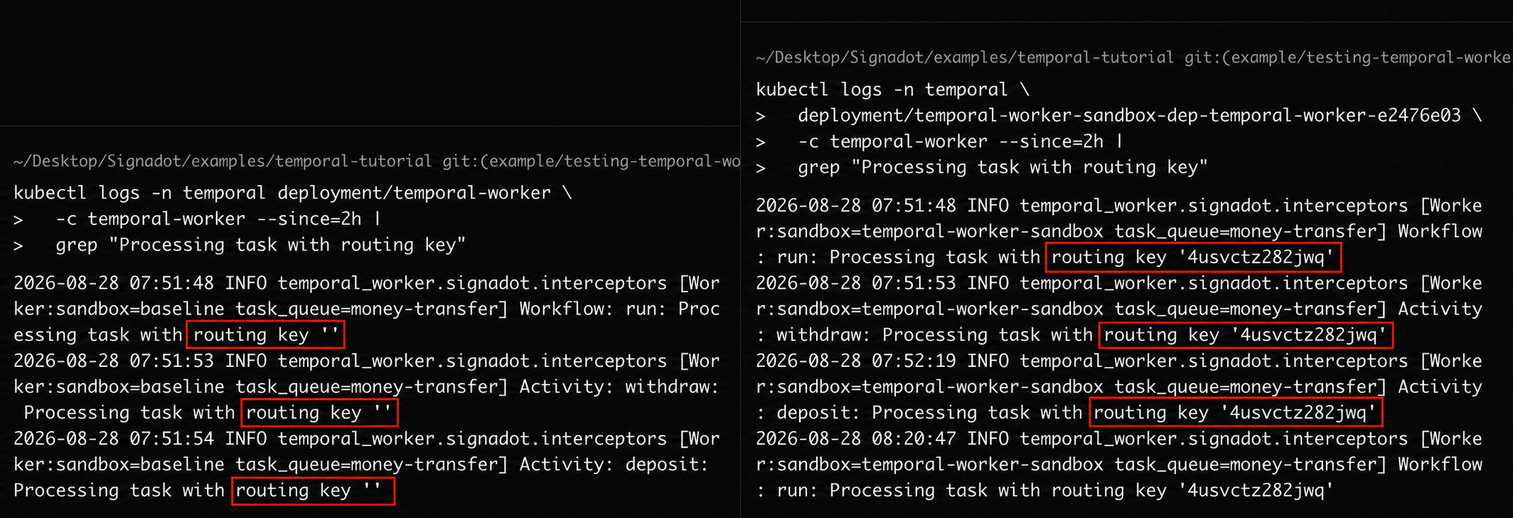 Baseline and sandbox worker logs showing task processing by routing key