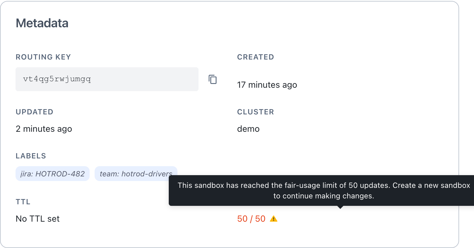 Sandbox update count and fair usage limit shown in the Metadata section of the Signadot Dashboard
