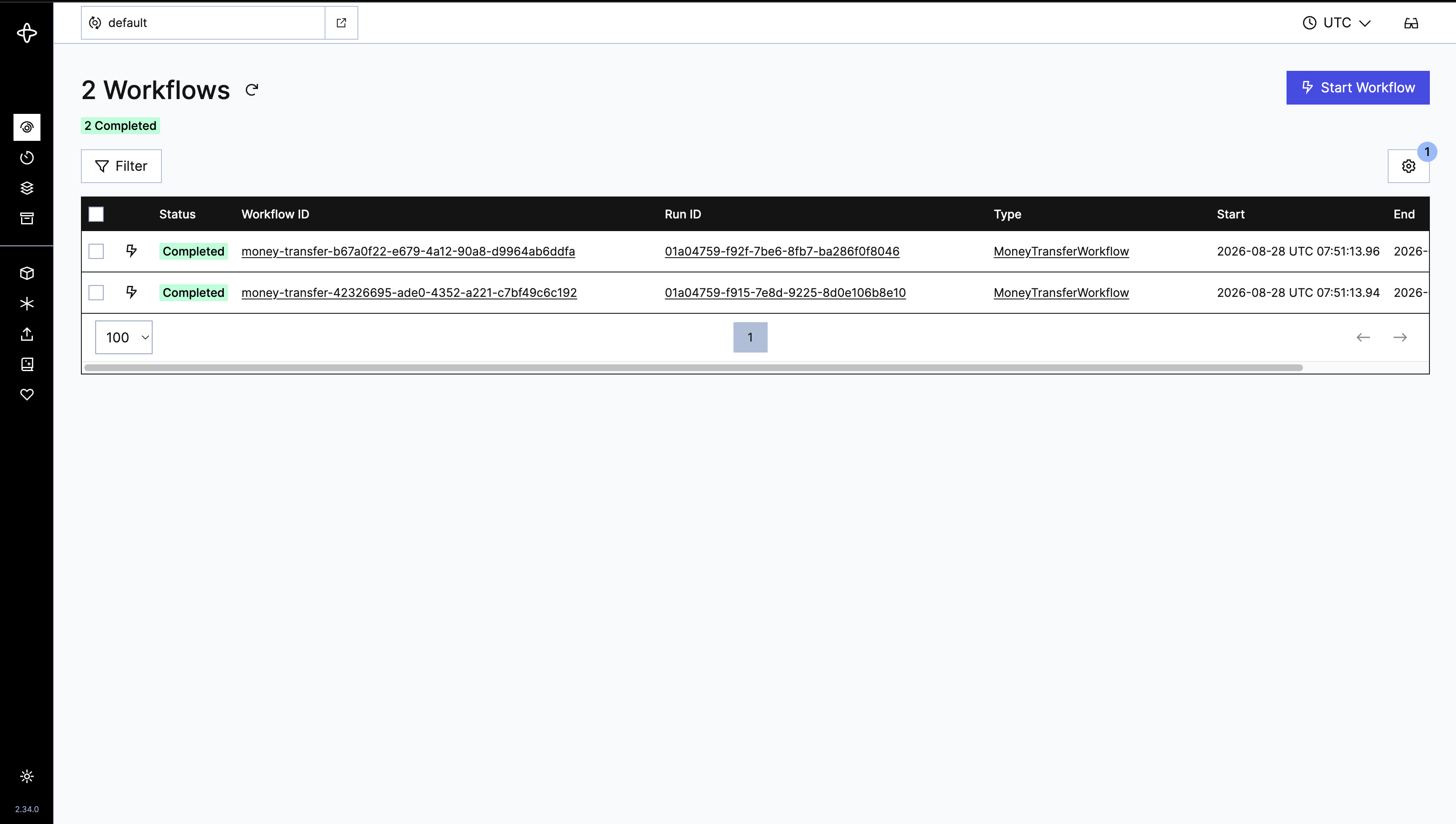 Temporal UI showing completed tagged and untagged money-transfer workflows