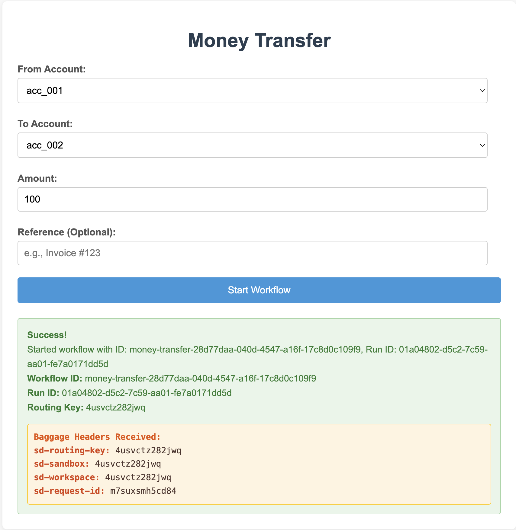 Web client confirming a tagged money-transfer workflow submission