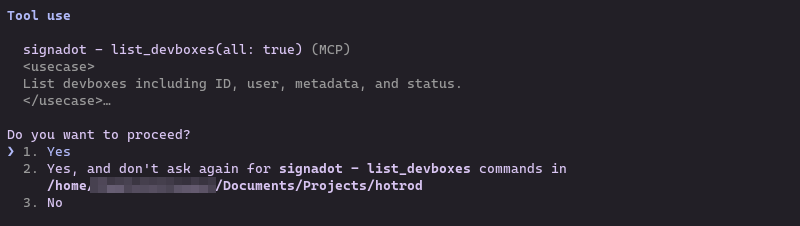 Tool use approval for Signadot MCP list_devboxes