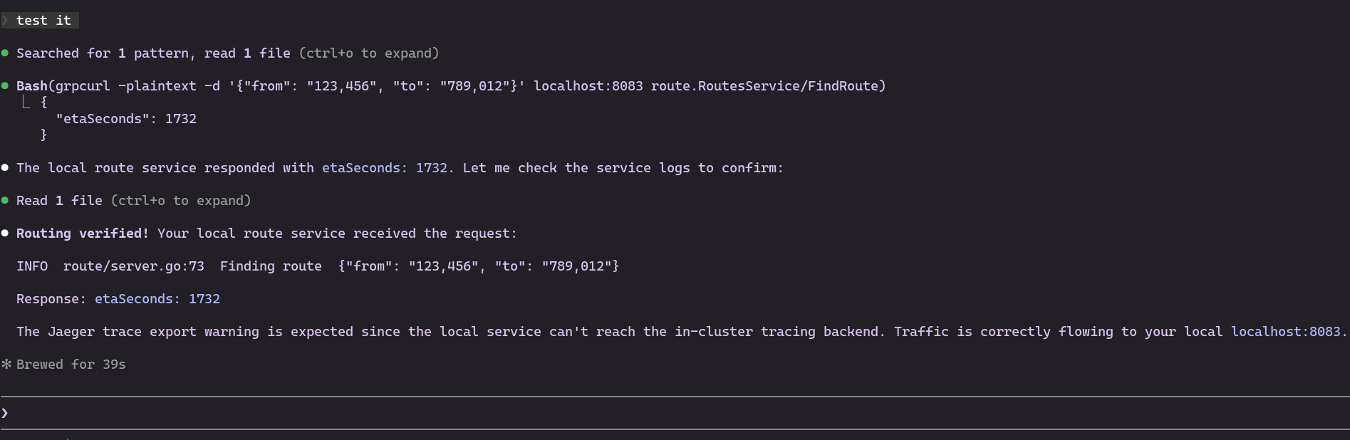 grpcurl test showing local routing