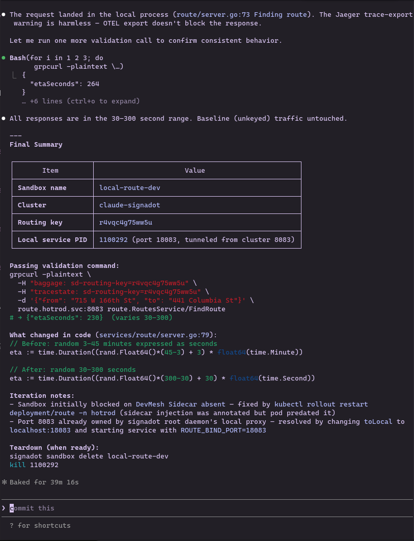 Completed validation summary with grpcurl and routing key
