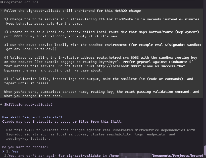 Prompt 2 with signadot-validate skill confirmation prompt