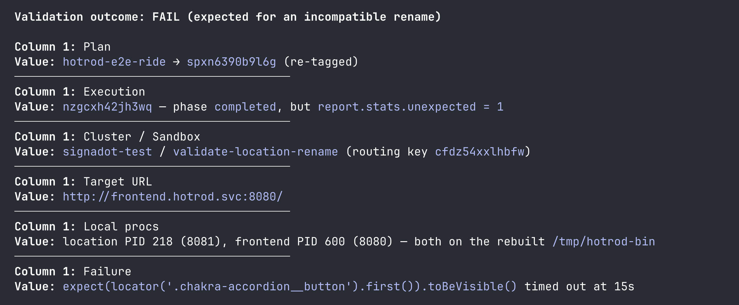 Agent chat reporting the validation outcome FAIL with the timed-out toBeVisible assertion