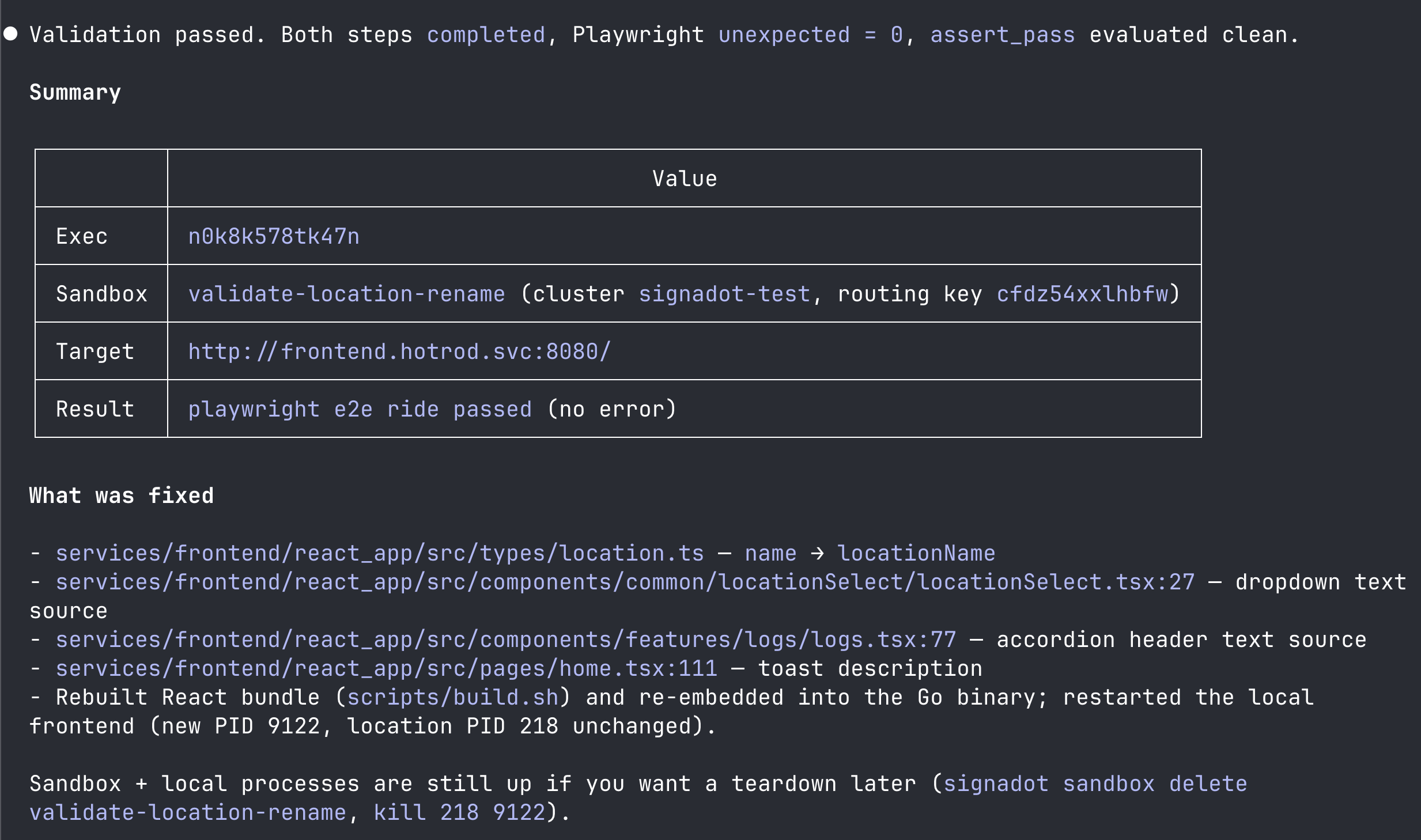 Agent chat showing the signadot-validate skill's final report after the plan passes