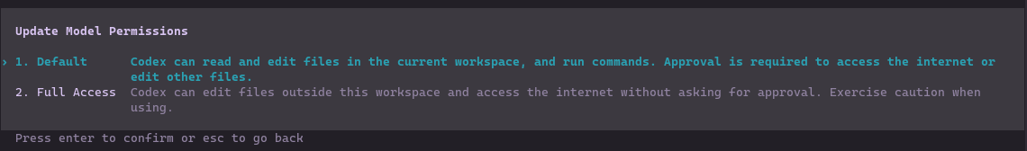 Codex permissions with Full Access selected