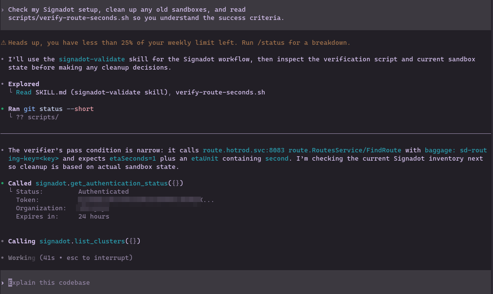 Codex loading the signadot-validate skill and reading the verifier script