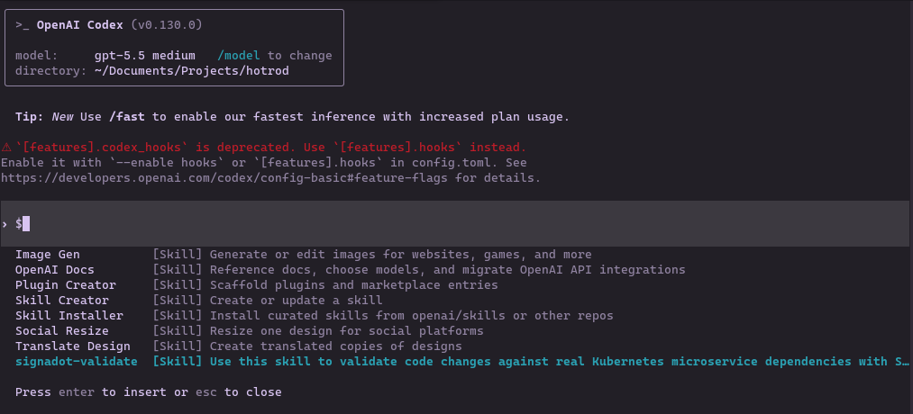 signadot-validate listed in Codex skills