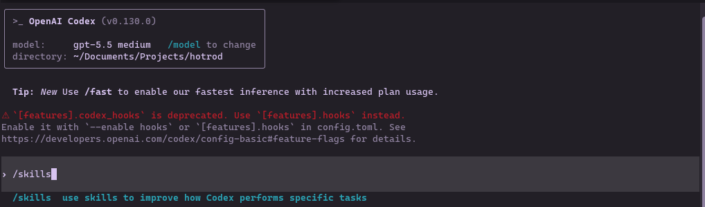 Typing /skills in Codex