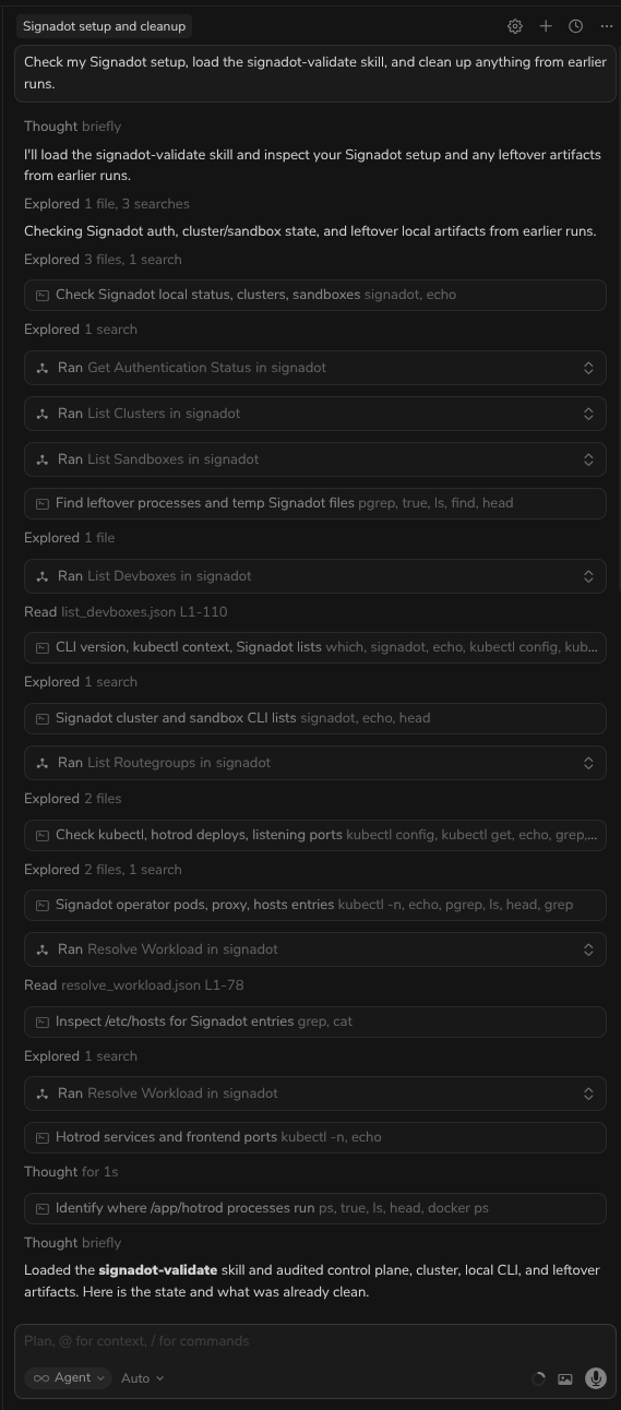 Cursor response showing Signadot setup status and skill loaded