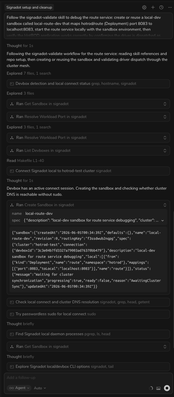 Cursor prompt to start route service and verify with signadot-validate skill
