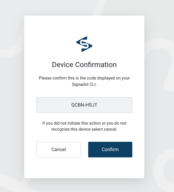 Authentication confirmation code in browser