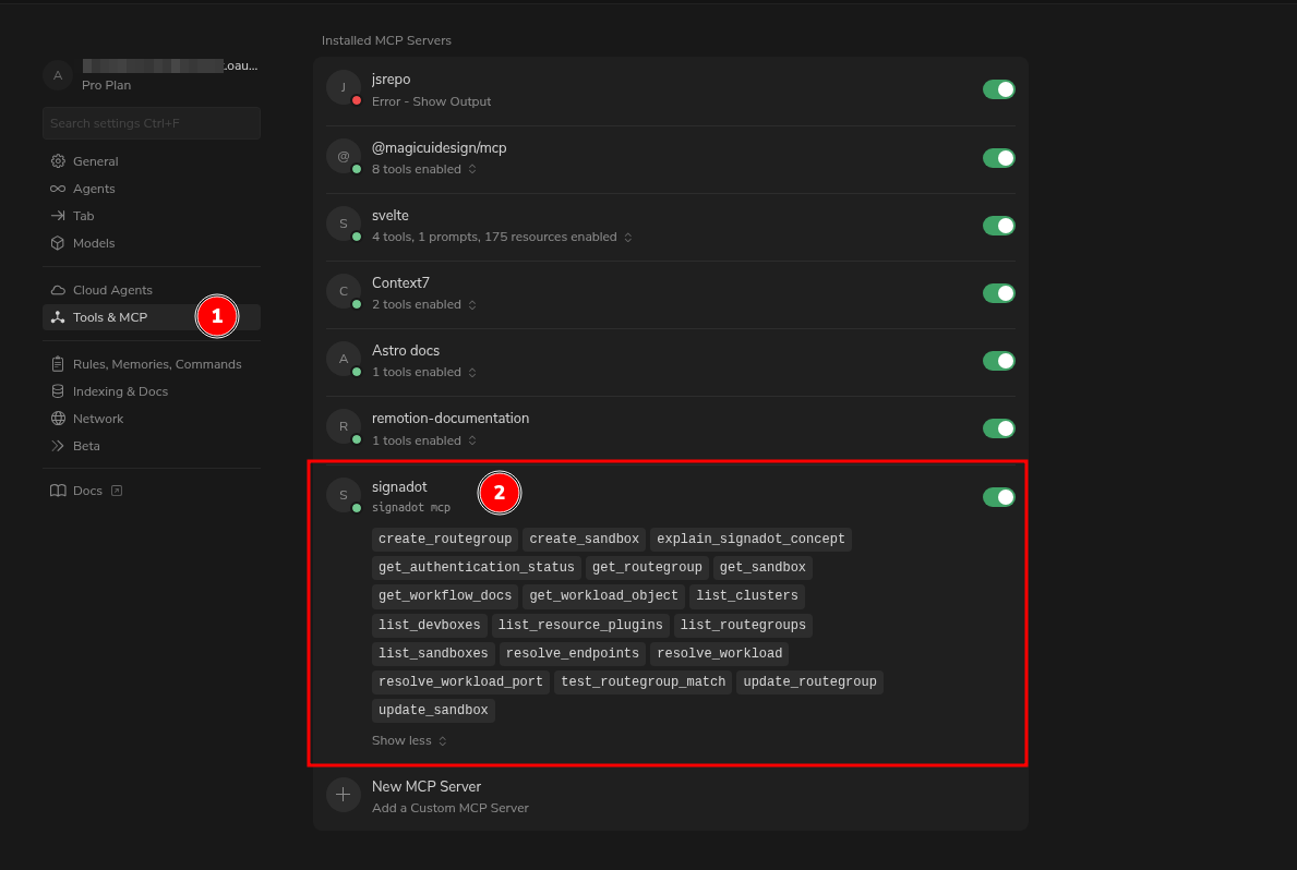 MCP server showing in Cursor settings