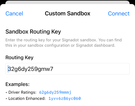 Custom Sandbox sheet in the HotROD iOS app with a sandbox routing key entered in the Routing Key field and a Connect button