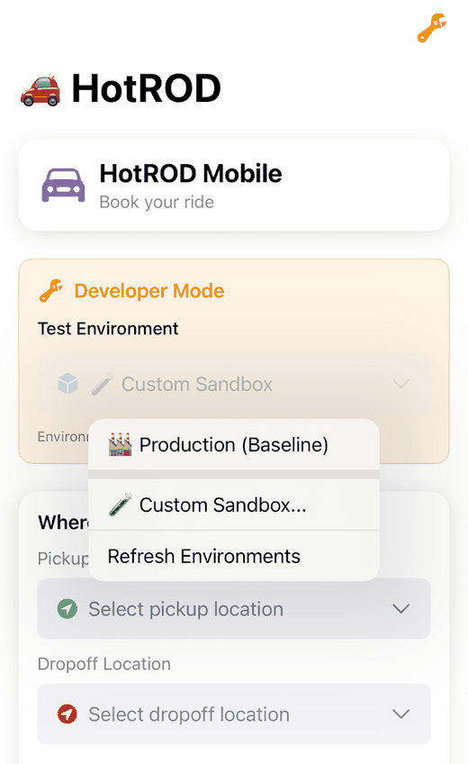 HotROD iOS app with Developer Mode open and the Test Environment menu listing Production (Baseline), Custom Sandbox and Refresh Environments