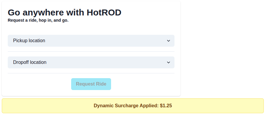 HotROD ride request form with a yellow banner reading Dynamic Surcharge Applied: $1.25