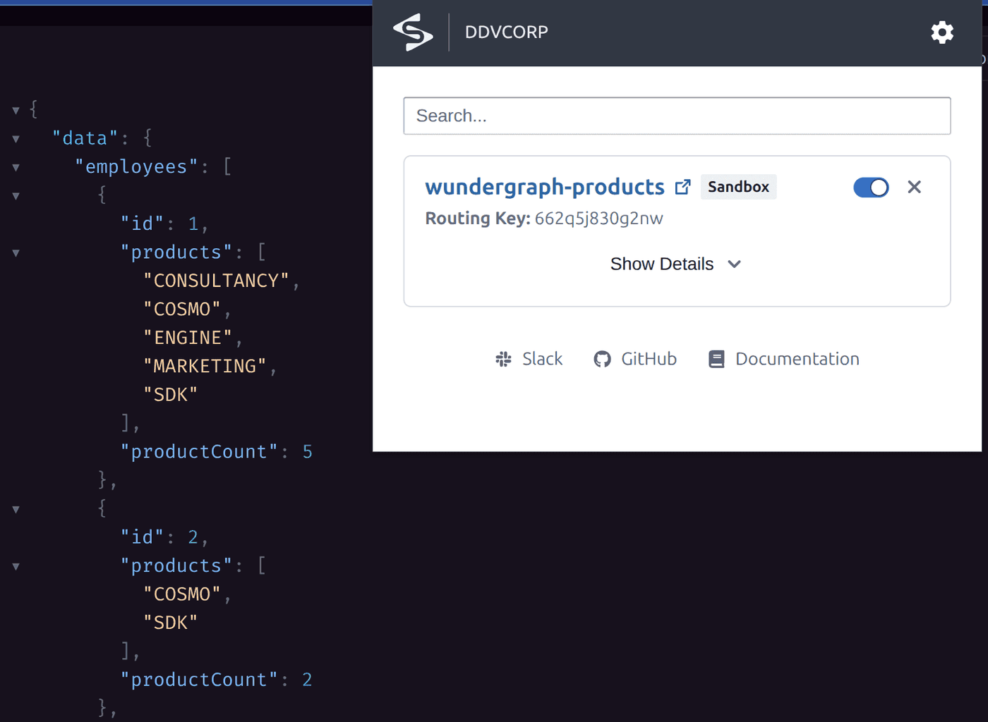 WunderGraph router playground response with the Signadot extension routing to the wundergraph-products sandbox, showing a productCount value for each employee