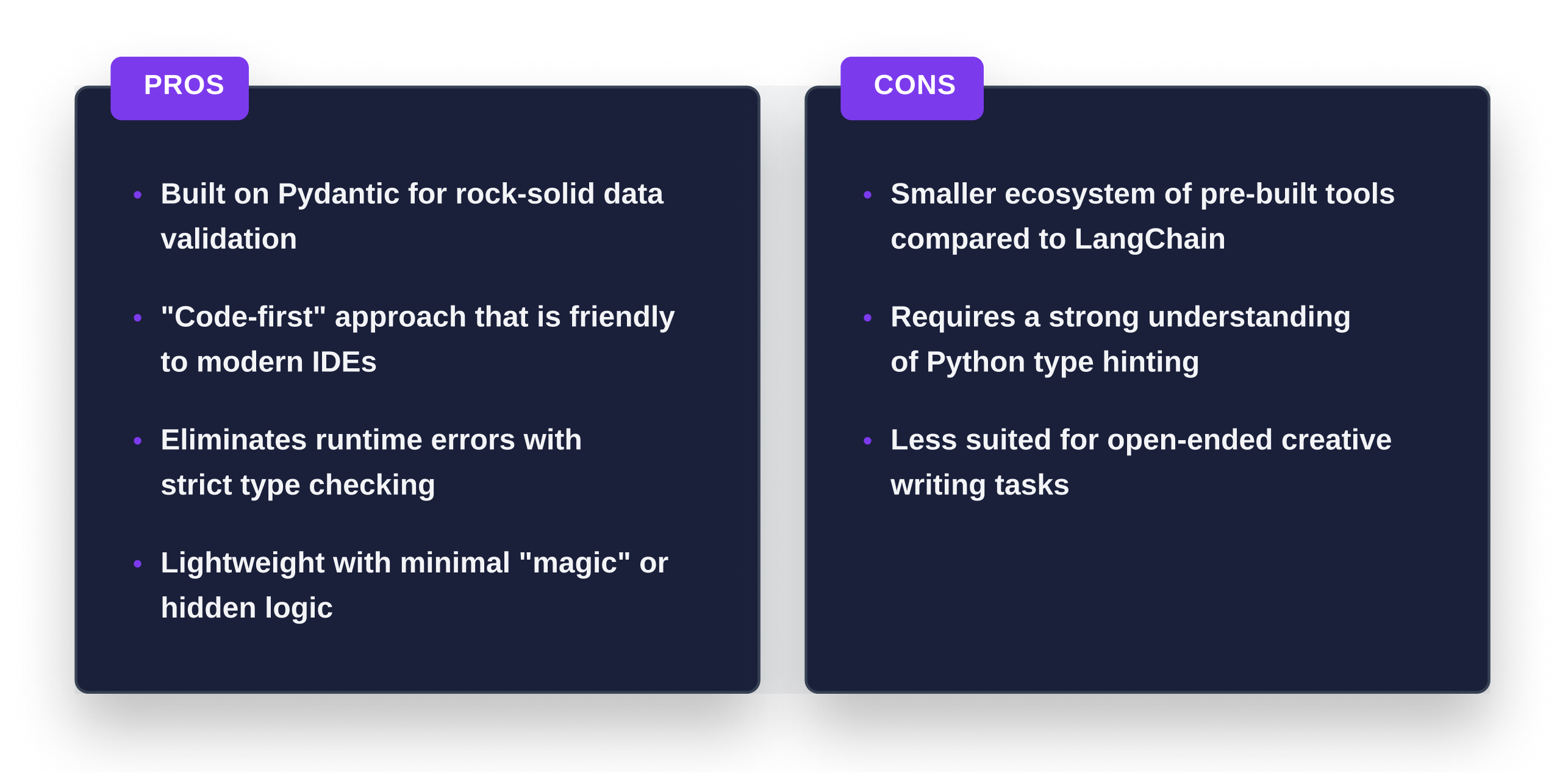 Pros and cons of PydanticAI, including rock-solid data validation and strict type checking versus a smaller ecosystem of pre-built tools