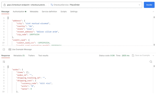 Postman gRPC PlaceOrder response showing empty order fields from the broken checkout service