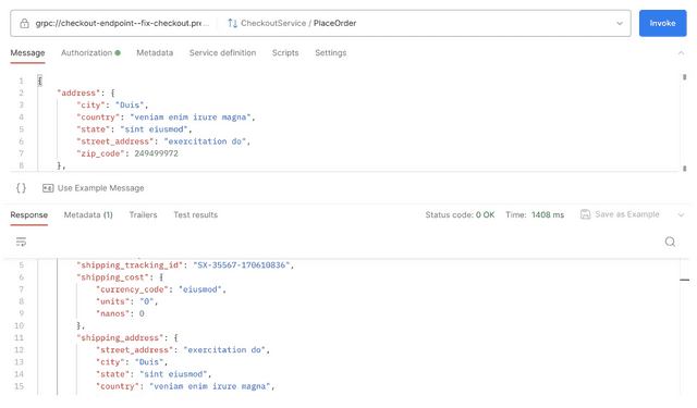 Postman gRPC PlaceOrder response with order data restored after the fix