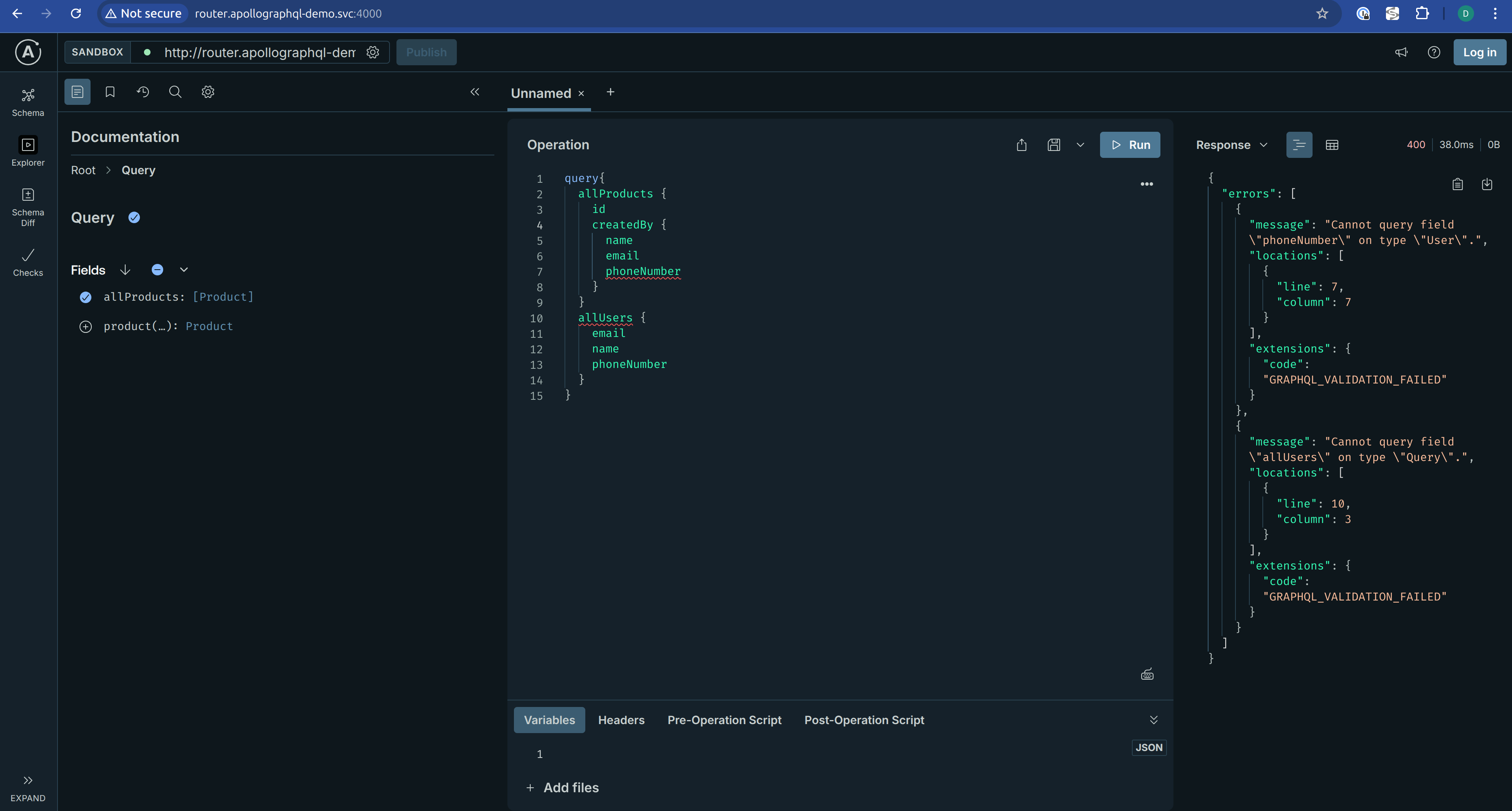 Running the same query against the baseline returns GraphQL validation errors since phoneNumber and allUsers do not exist there