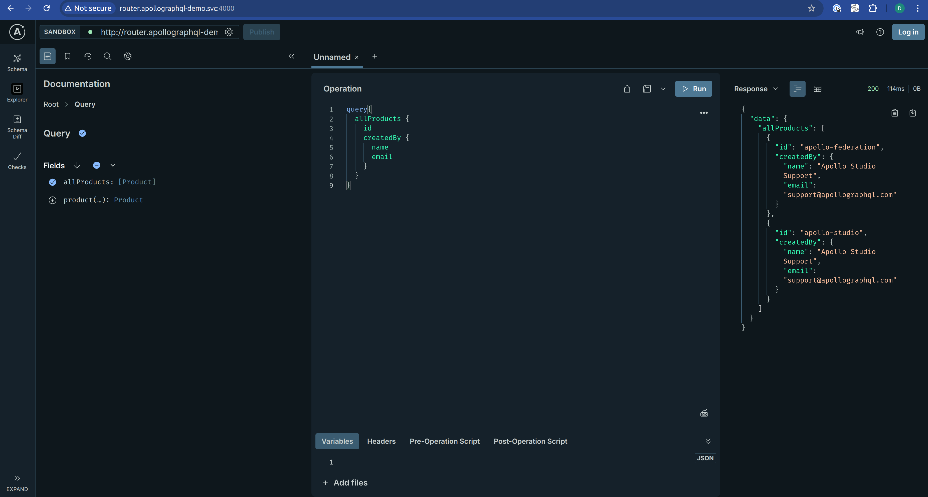 Apollo Router GraphQL playground running an allProducts query against the baseline environment