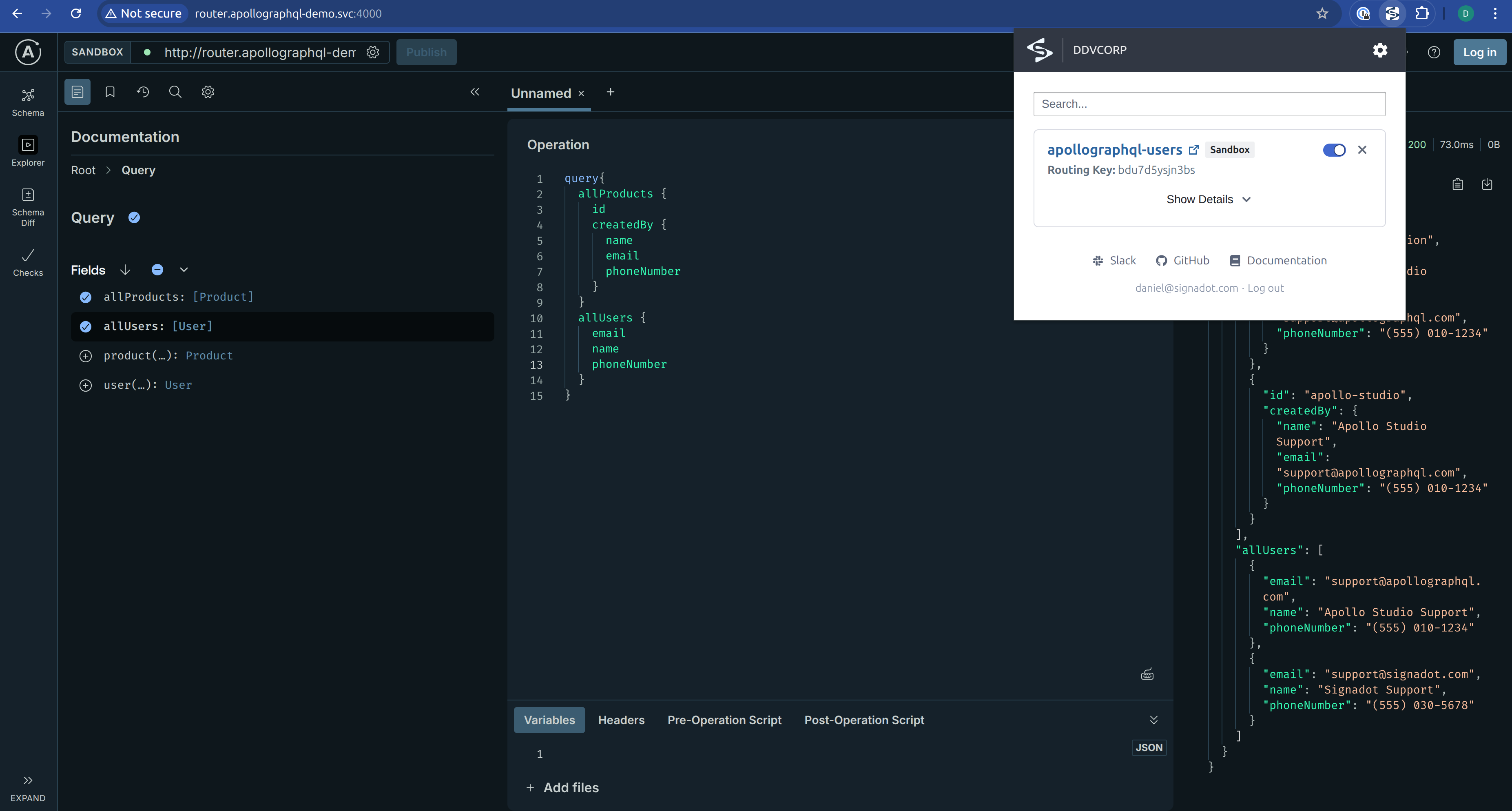 Router playground with the Signadot browser extension routing the query to the sandbox, returning the new phoneNumber field and allUsers query