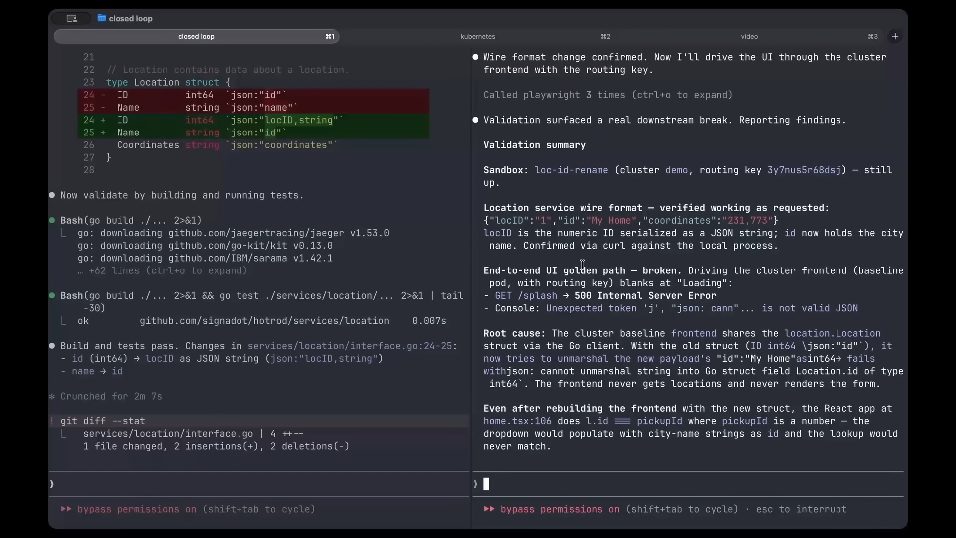 Two Claude Code sessions side by side. The left session has finished and gone quiet after its build and tests passed. The right session reports a validation summary that surfaces the downstream break, with the root cause: the cluster frontend shares the location struct through the Go client, so the renamed fields no longer match.