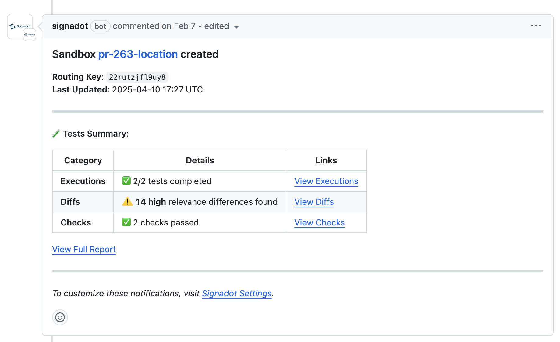 Signadot bot comment on a pull request showing the created sandbox, routing key, and a tests summary with executions, diffs, and checks