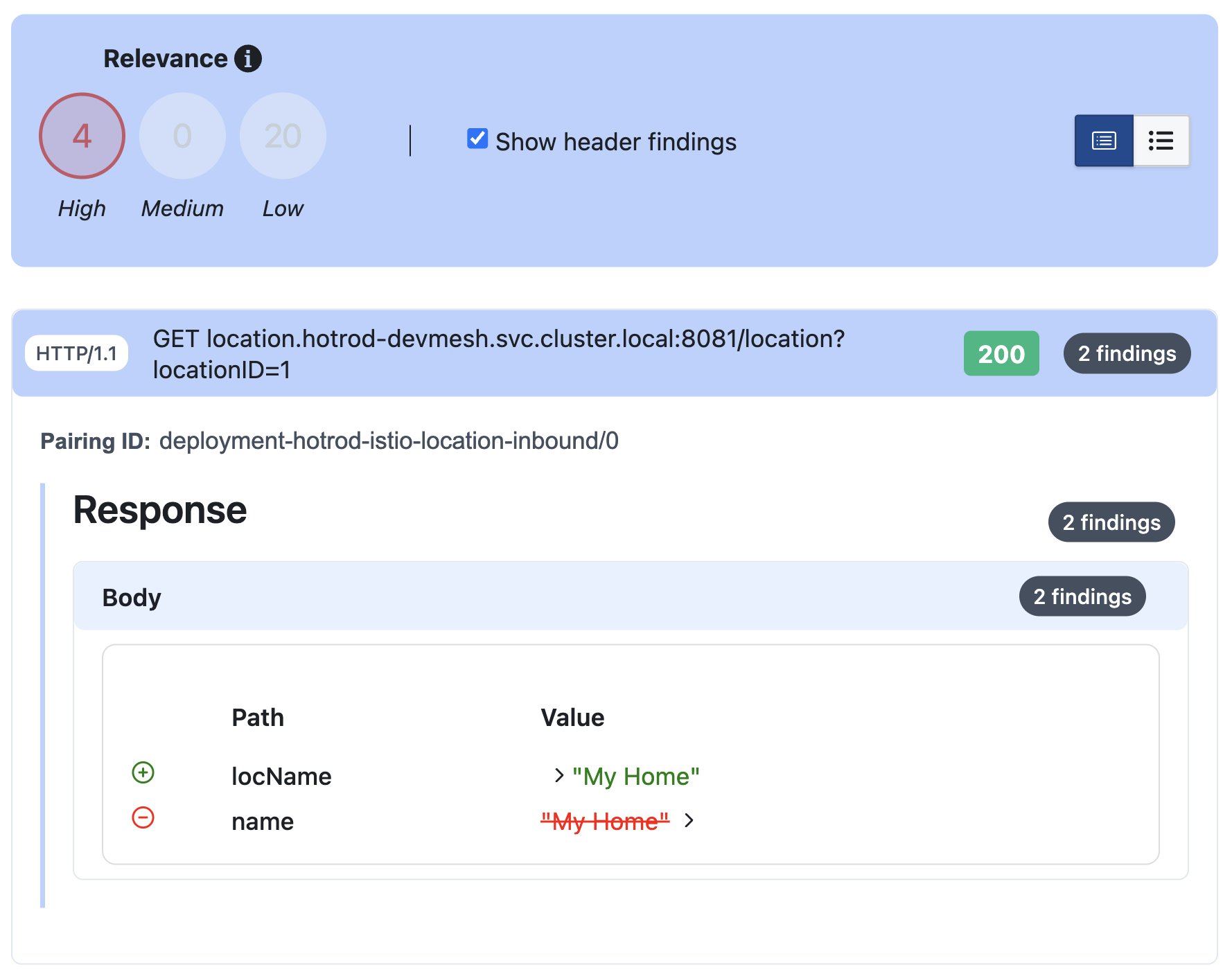 Smart Tests relevance view showing high, medium, and low findings for a GET location request where the name field was renamed to locName in the response body