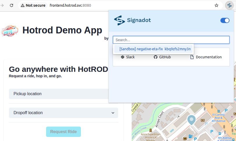Signadot Chrome extension over the HotROD app listing the negative-eta-fix sandbox to route requests to