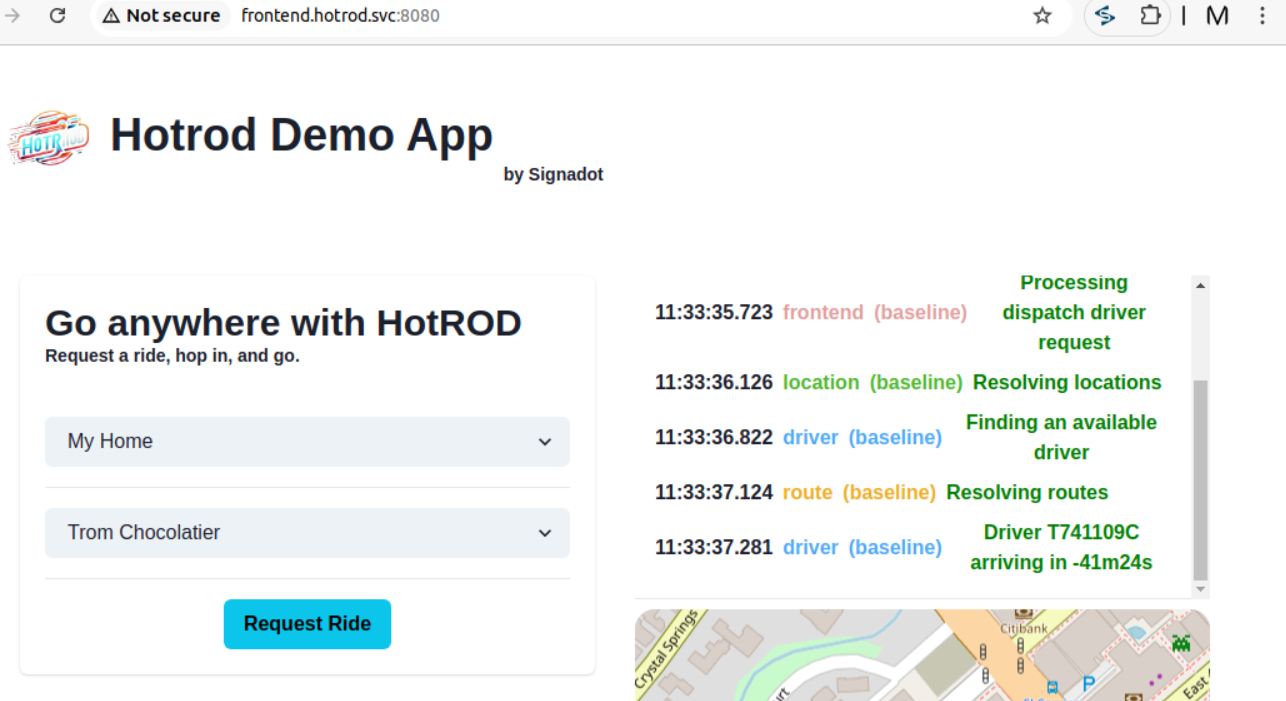 HotROD demo app frontend in the baseline environment showing a ride request where the driver arrives in a negative ETA