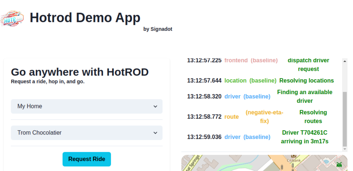 HotROD app with requests routed to the negative-eta-fix sandbox, showing the route service handling the request and the driver arriving in a positive ETA