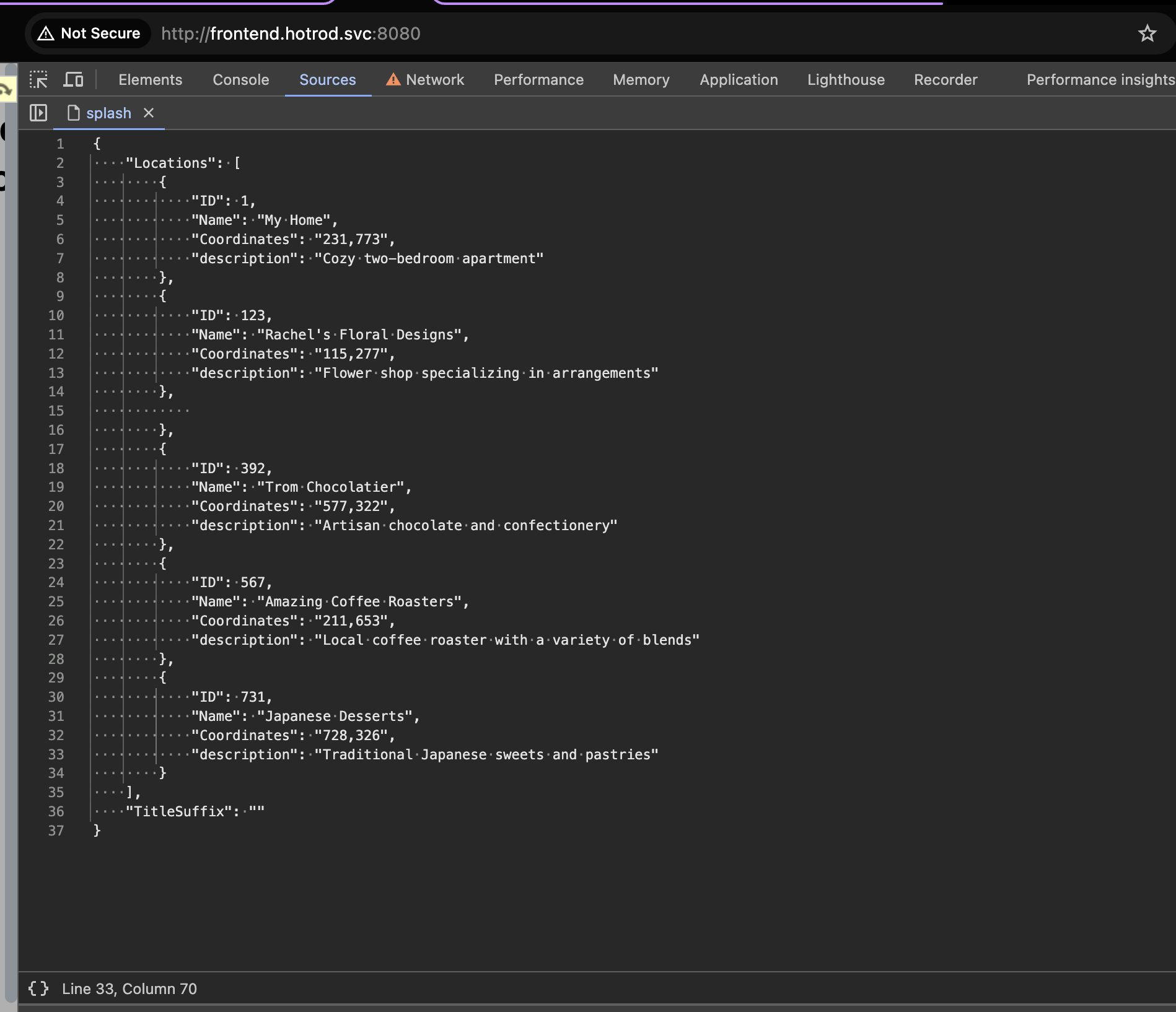 HotROD frontend response in Chrome DevTools showing location entries that include the new description field