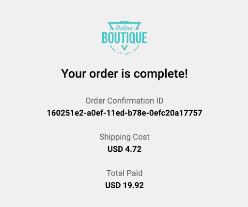 Baseline frontend order confirmation page showing order ID and totals without the new shipping tracking ID