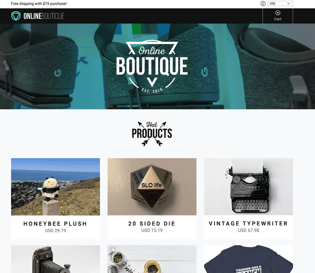 Online Boutique demo app landing page showing the hot products grid