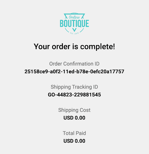 Order confirmation page routed through both sandboxes showing a populated Shipping Tracking ID end to end