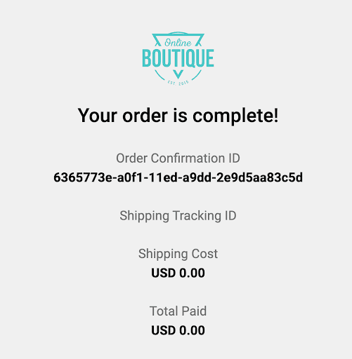 Forked frontend order confirmation page displaying an empty Shipping Tracking ID because the baseline checkout service does not return the field