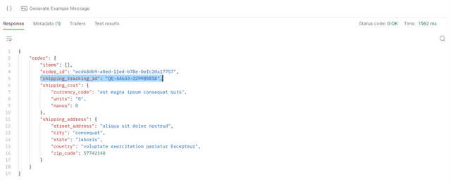 Postman gRPC response from the sandboxed checkout service showing the new shipping_tracking_id field in the order payload